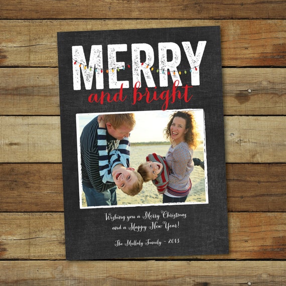 Holiday photo card printable chalkboard style, Christmas cards Merry and Bright, printable or printed cards with free overnight shipping