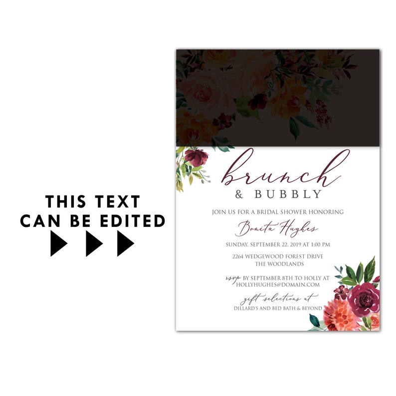 May include: A white invitation with the text "brunch & bubbly" for a bridal shower. The invitation features floral arrangements in the corners and top, with burgundy and orange flowers. The text "This text can be edited" is also present.