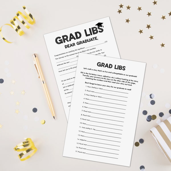 Personalisierbare Graduation Mad Libs für High School & College - Printable Party Game