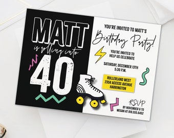 Roller Skating birthday party, Eightes themed birthday Party Invitation, 80s Rolling into 40 roller skating invitation