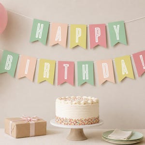 May include: A birthday banner with pastel green, pink, and yellow pennants spelling HAPPY BIRTHDAY in white letters, accompanied by a frosted cake with colourful sprinkles, a wrapped gift, and two balloons in light pink and pale green.