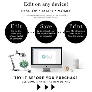 May include: A white background with text and graphics promoting editing on various devices. The text reads "Edit on any device!" with instructions to edit, save, and print. A desktop computer, desk lamp, and decorative items are also visible.