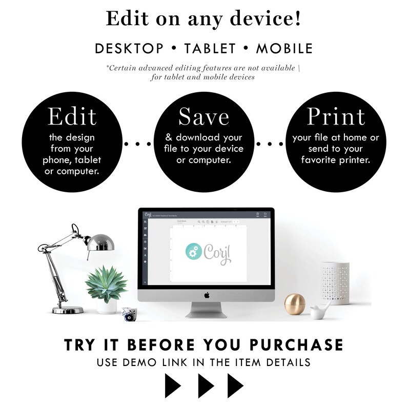 May include: A white background with text and graphics promoting editing on various devices. The text reads "Edit on any device!" with instructions to edit, save, and print. A desktop computer, desk lamp, and decorative items are also visible.