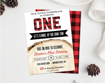 Invitación personalizada de leñador para el primer cumpleaños, invitación de cumpleaños para niño con estampado de cuadros de búfalo, invitación imprimible para fiesta de cumpleaños en el bosque invernal