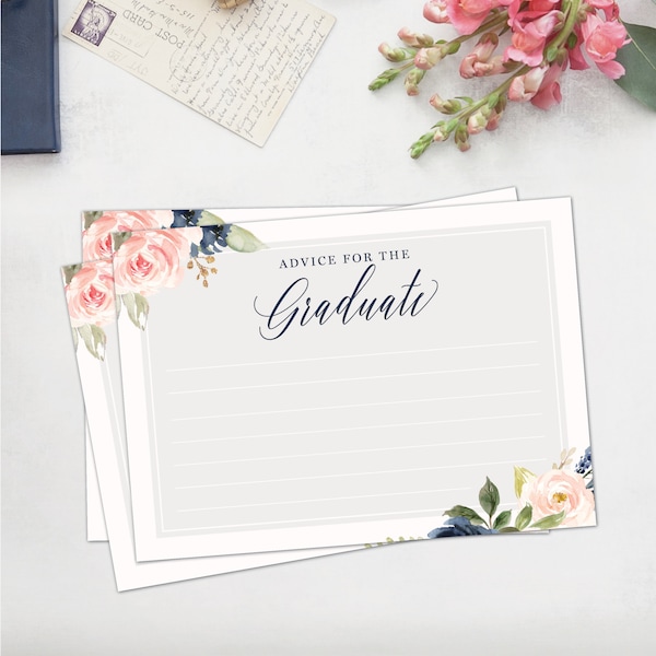Graduation printable advice cards, printable grad advice instant download, navy and blush floral advice cards for graduation party game