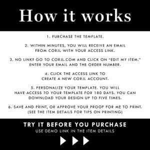 May include: A black and white graphic with the text "How it works" at the top. The image details the steps to purchase and personalize a template, including accessing a link, creating an account, and downloading the design. The bottom text reads "Try it before you purchase."