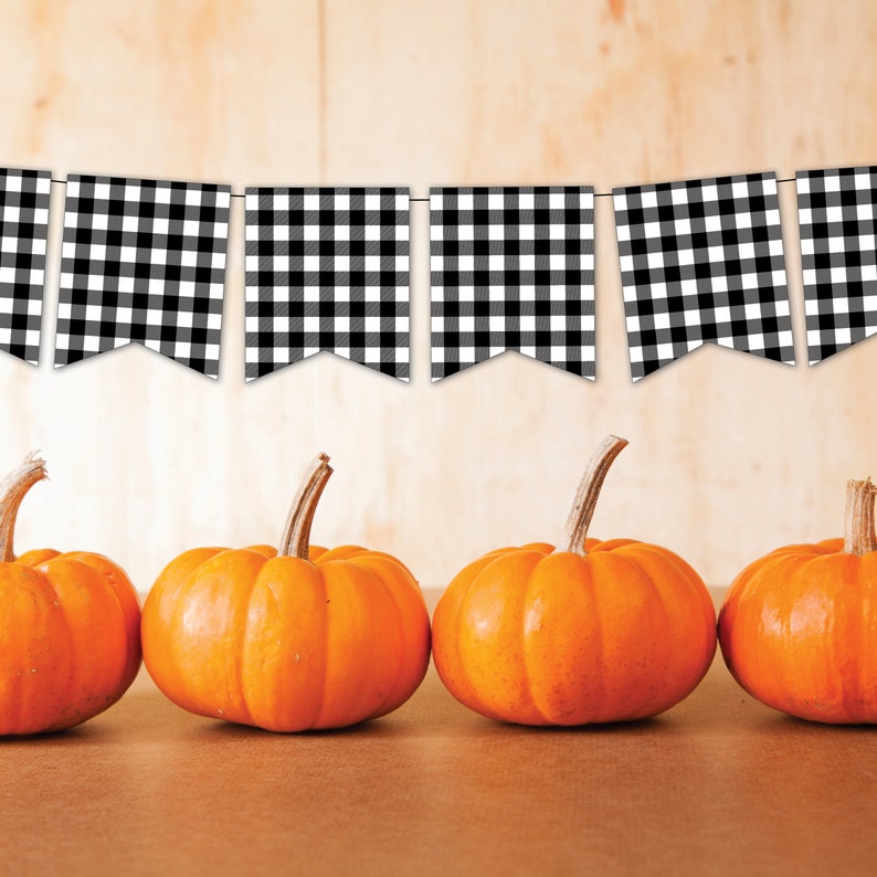 Peut inclure: Quatre citrouilles orange avec une guirlande &agrave; carreaux noirs et blancs suspendue au-dessus.