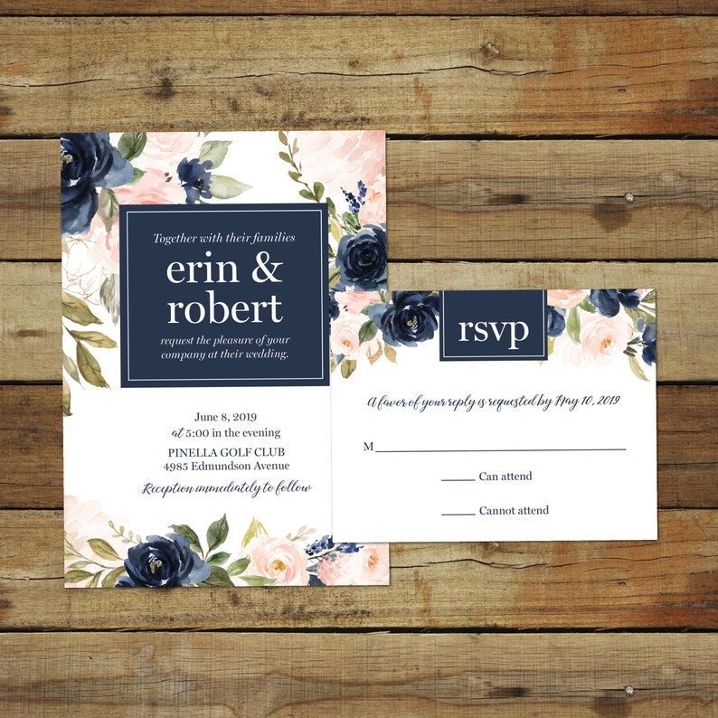 Blush pink and navy blue wedding Invitations blush and navy wedding stationery printable files or printed image 8