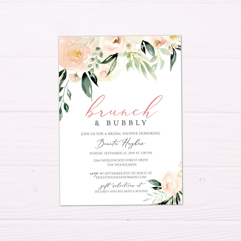 Blush Pink Brunch & Bubbly Bridal Shower Invitation blush Bridal Shower Brunch, Champagne Brunch, Pinks and greens image 4