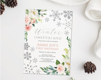 Winter Onederland Invitation, Blush Pink Floral Winter Onederland, Silver Snowflakes Winter Wonderland, Winter First Birthday