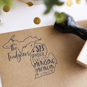 Michigan address Stamp - Self Inking Return Address Stamp - Personalized Stamp for a Housewarming gift for a move to Michigan - state stamp