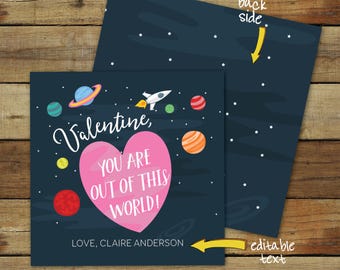 Outer Space Valentines voor meisjes - je bent niet van deze wereld - afdrukbare valentijn in de klas van het zonnestelsel - instant download - bewerkbare pdf