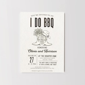 I Do BBQ-vrijgezellenfeestuitnodiging - voor hem en haar cowboylaarzen westerse doucheuitnodiging - afdrukbaar digitaal bestand of gedrukte kaarten