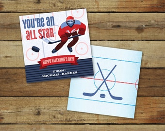 Printable hockey Valentine's Day Card, custom all star sports valentine, classroom valentines for boys - instant download, editable pdf