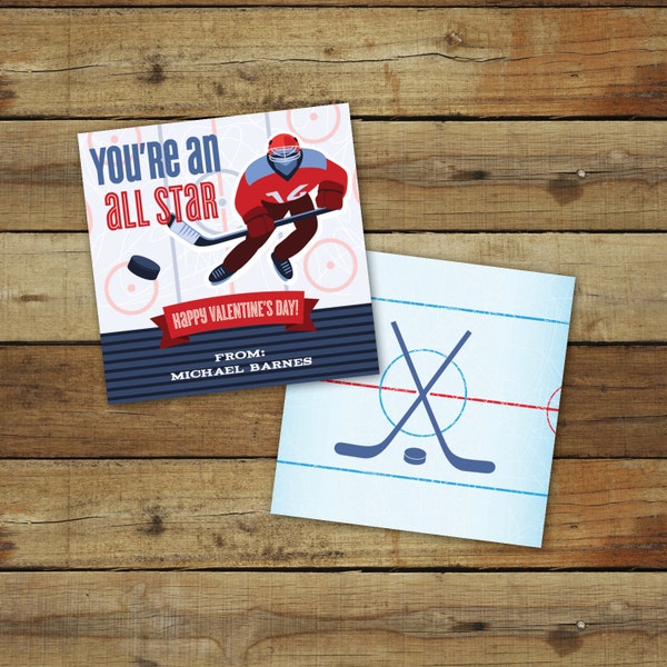 Printable hockey Valentine's Day Card, custom all star sports valentine, classroom valentines for boys - instant download, editable pdf