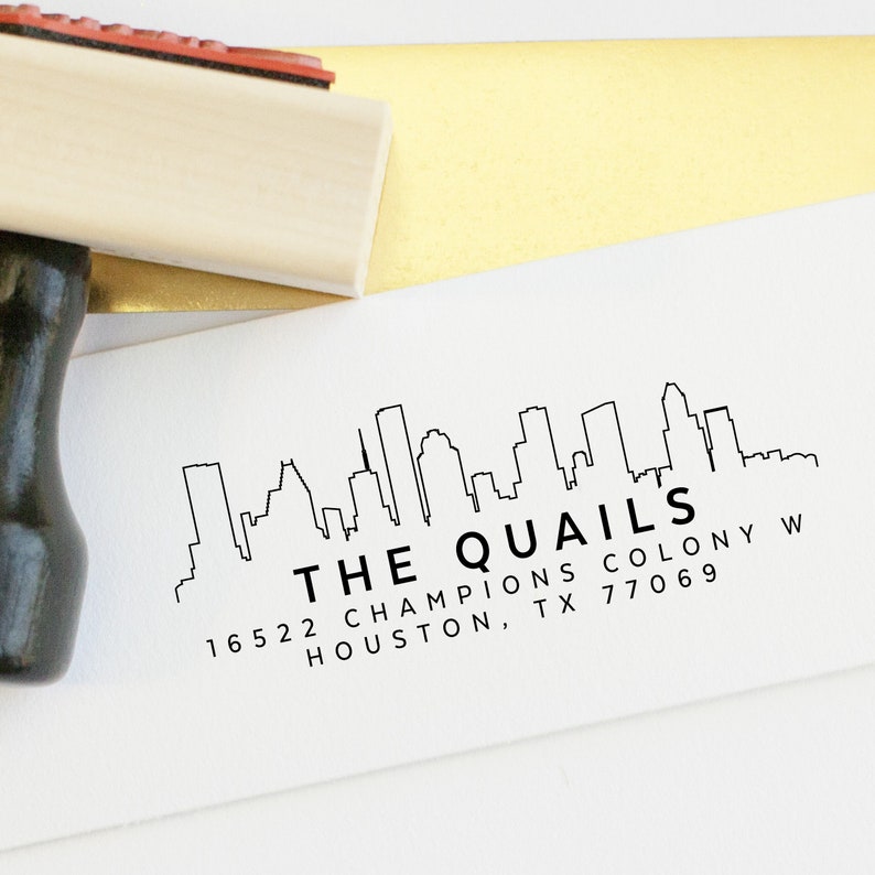 Houston Texas skyline address Stamp Self Inking Return Address Stamp city skyline of Houston Texas housewarming gift Personalized Stamp