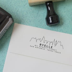 San Antonio, Texas skyline adresstempel - zelfinktende retouradresstempel skyline van de stad San Antonio, Texas housewarmingcadeau Gepersonaliseerd