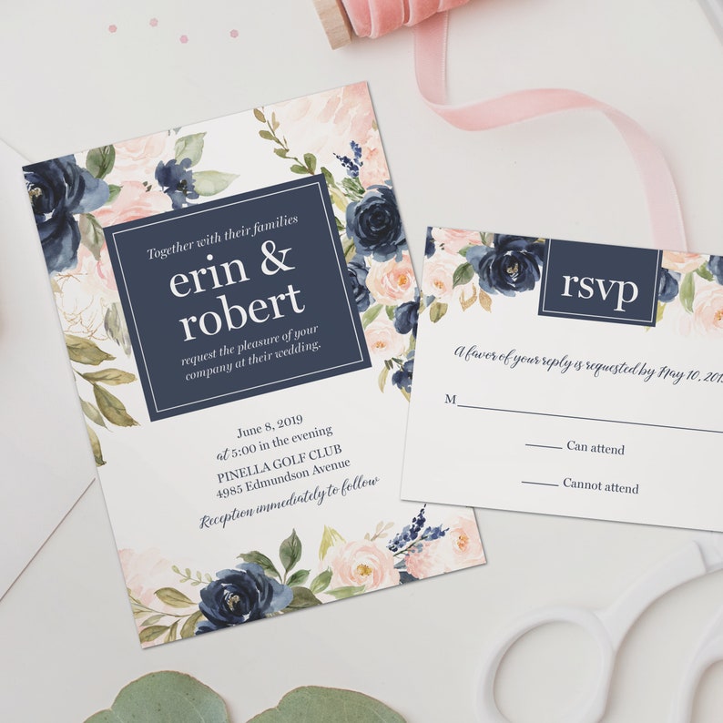 Blush pink and navy blue wedding Invitations blush and navy wedding stationery printable files or printed image 9