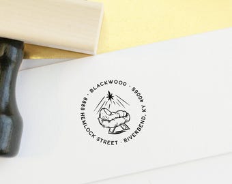 Baby Jezus kerstkaartstempel, kerststalstempel, kerstkaartadresstempel, aangepaste adresstempel
