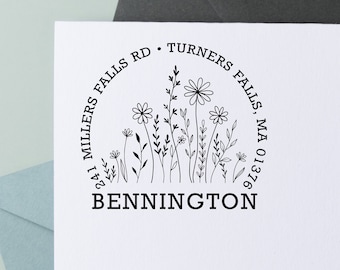 Wildflower Address Stamp, Custom Return Address Stamp, Perersonalized Stamp, Floral Rubber Stamp