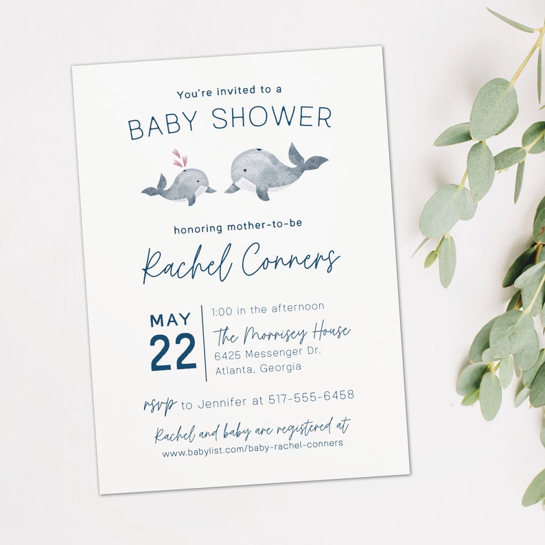 Whale baby shower invitation, Ocean themed baby shower invite, Baby whale baby shower 画像 4