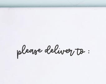 May include: A white canvas with the phrase "please deliver to:" written in black cursive script. The text is centered on the canvas, with a light blue background at the top.