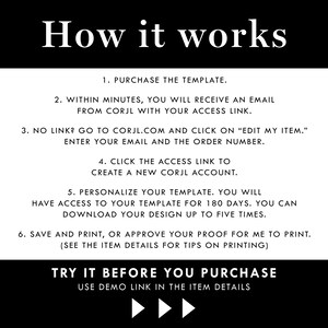 May include: A black and white graphic with the text "How it works" at the top. The image details the steps to purchase and personalize a template, including accessing a link, creating an account, and downloading the design. The bottom text reads "Try it before you purchase."