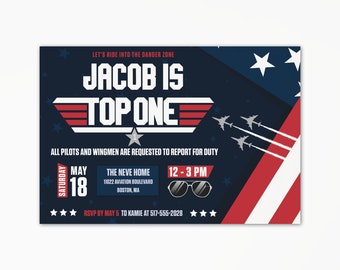 Top One 1st Birthday Invitation - Custom Fighter Jet Personalized Pilot Themed Party Invite, Digital File or Printed