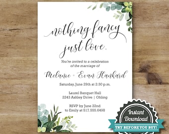 Simple wedding receiption invitation, nothing fancy just love, wedding invitation, nothing fancy just love invitations, DIY download w corjl