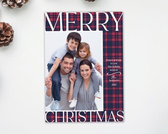 Merry Christmas Card, Red and blue plaid flannel Christmas Card, Modern Christmas photo card, holiday photo card