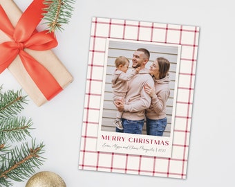 Simple Christmas Card with photo - Red and white Plaid Christmas photo card for family photo - Minimalist Christmas printed or printable