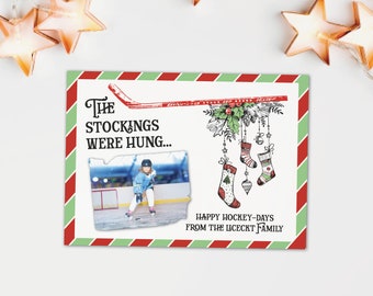 The Stockings were Hung Hockey Christmas card, Vintage Hockey themed family holiday card, family photo card with hockey stick and stockings
