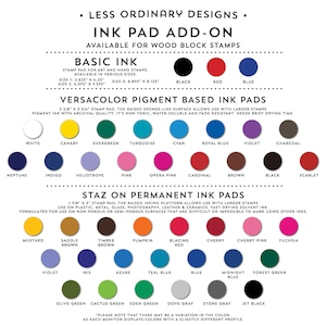 The image is a collection of various colored ink pads and a stamp pad for wood block stamps, available for use with different types of inks.