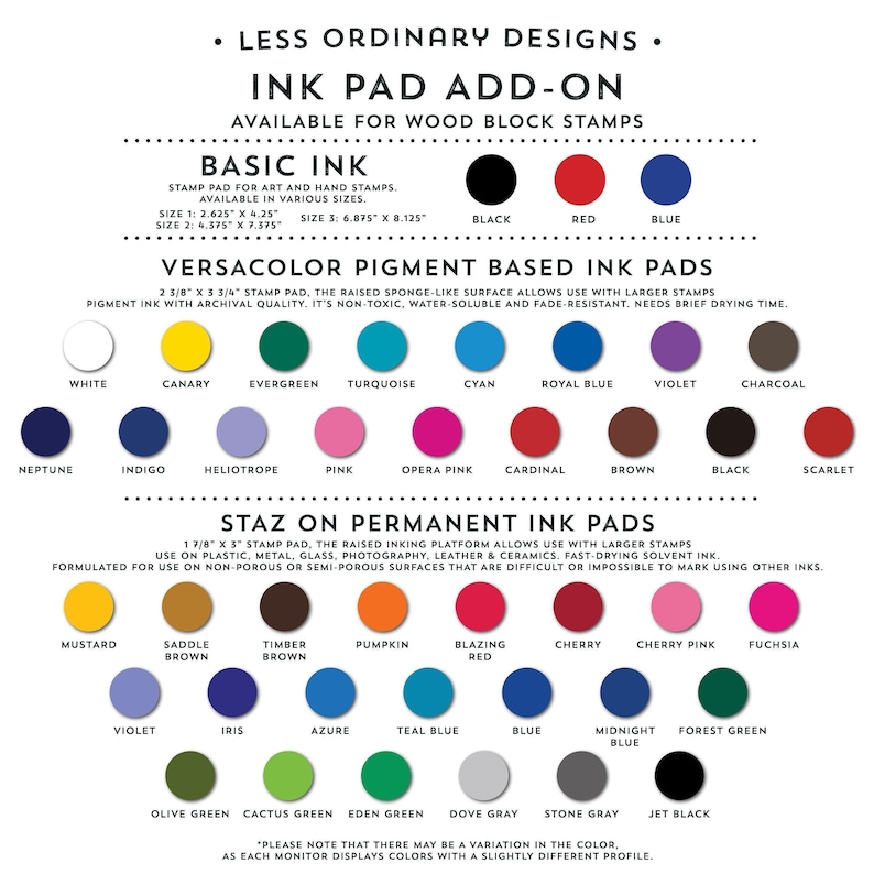 The image is a collection of various colored ink pads and a stamp pad for wood block stamps, available for use with different types of inks.