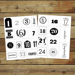 Simple Advent Calendar - Printable Christmas Advent Tags 1 through 25 - Countdown to Christmas tags - 25 styles
