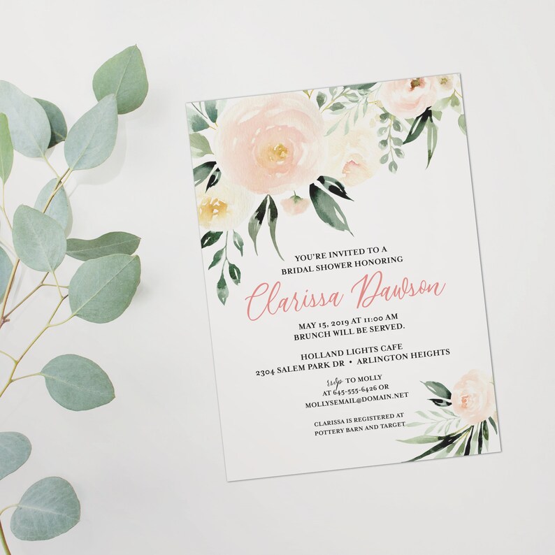 Blush Pink Bridal Shower Invitation Blush Pink and Greens Etsy