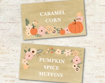 Pumpkin buffet cards, fall party, peach and coral pumpkin buffet or printable place cards, editable file