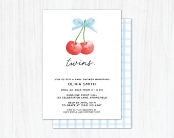 Cherry Themed Twin Baby Shower Invitation, Custom baby shower invite, Blue Gingham & Cherries, printable and printed