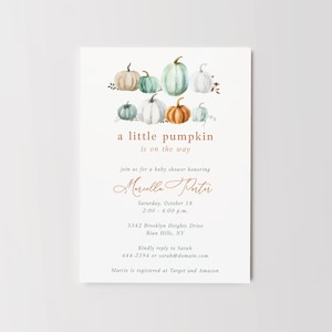 Invito per baby shower con piccola zucca - Invito per baby shower con zucca - zucche verde acqua e arancioni in acquerello