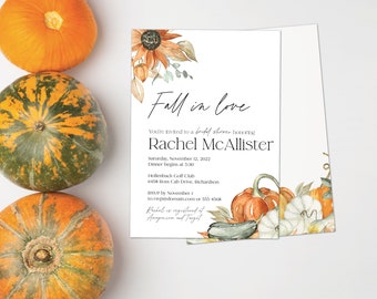 Thanksgiving Bridal Shower Invitation - Pumpkin Fall in Love Bridal Shower Brunch, Autumn foliage and pumpkins