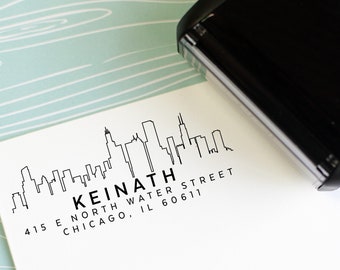 Chicago skyline address Stamp - Self Inking Return Address Stamp city skyline of Chicago housewarming gift Personalized Stamp