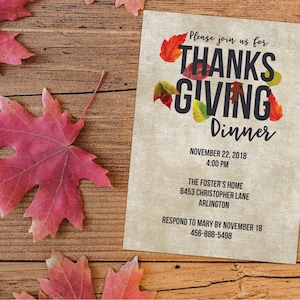 Thanksgiving Dinner invitation - pressed leaves Thanksgiving party invitation - thanksgiving fall leaves invitation