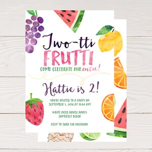 May include: A white invitation featuring watercolour fruit illustrations, such as grapes, watermelon, and oranges. The text reads "Two-tti Frutti" and "Hattie is 2!" with party details. The design is colourful and playful.