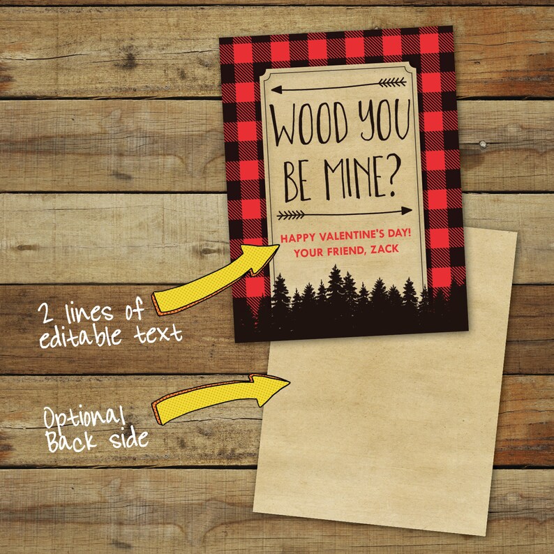 Lumberjack valentine cards printable featuring buffalo plaid, wood you be mine valentines are editable pdf files and instant downloads image 2