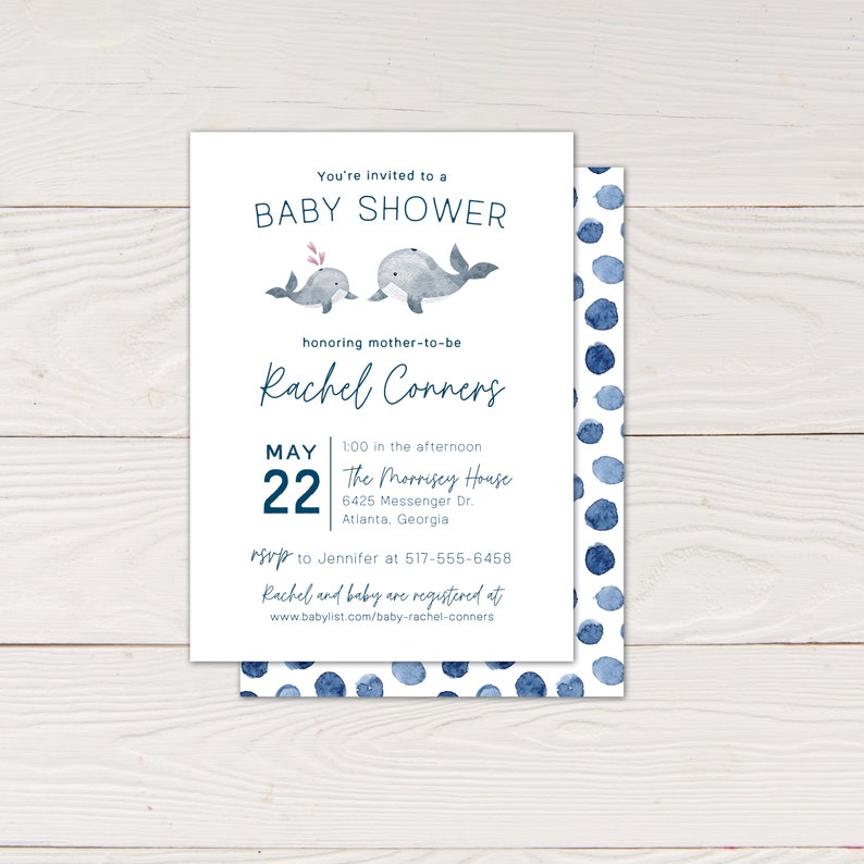 Whale baby shower invitation, Ocean themed baby shower invite, Baby whale baby shower 画像 2