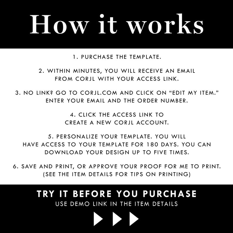 May include: A white text graphic on a black background explains how to use a digital template. The text includes the steps: Purchase the template, receive an email with an access link, edit the template, personalize the template, and save and print. The text also includes the phrase "Try it before you purchase" and a play button icon.