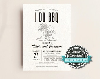 I Do BBQ Couples Wedding Shower Invitation with His and Hers Cowboy Boots - DIY editable file