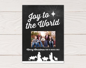 Nativity Christmas card, Joy to the World photo card, CHalkboard style nativity card, printable or printed cards, free overnight shipping
