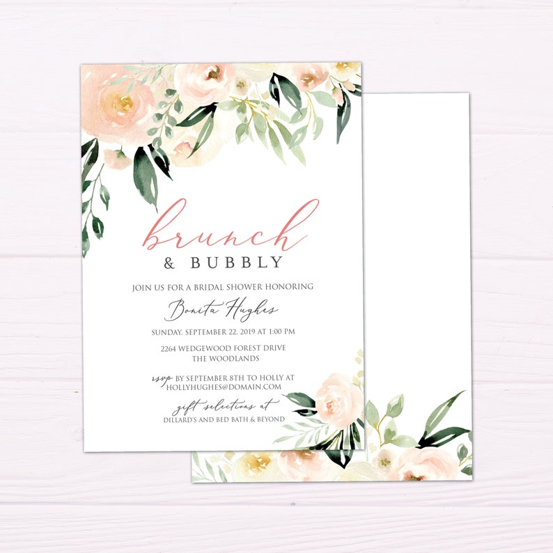 Blush Pink Brunch & Bubbly Bridal Shower Invitation blush Bridal Shower Brunch, Champagne Brunch, Pinks and greens image 3