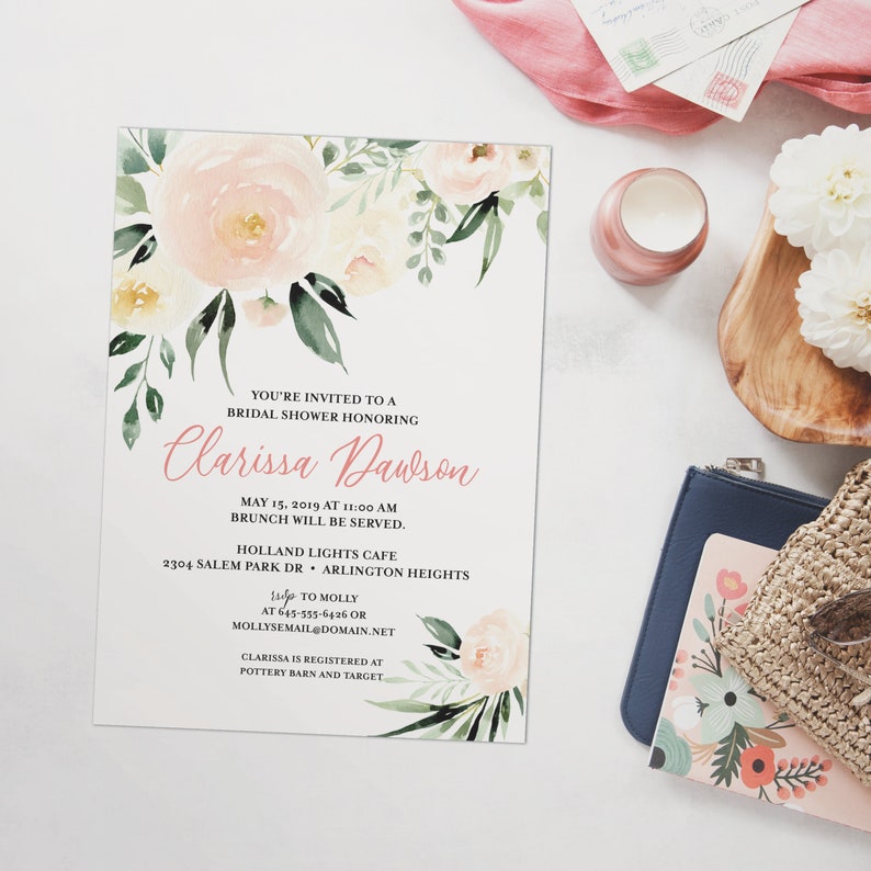 Blush Pink Bridal Shower Invitation Blush Pink and Greens Etsy